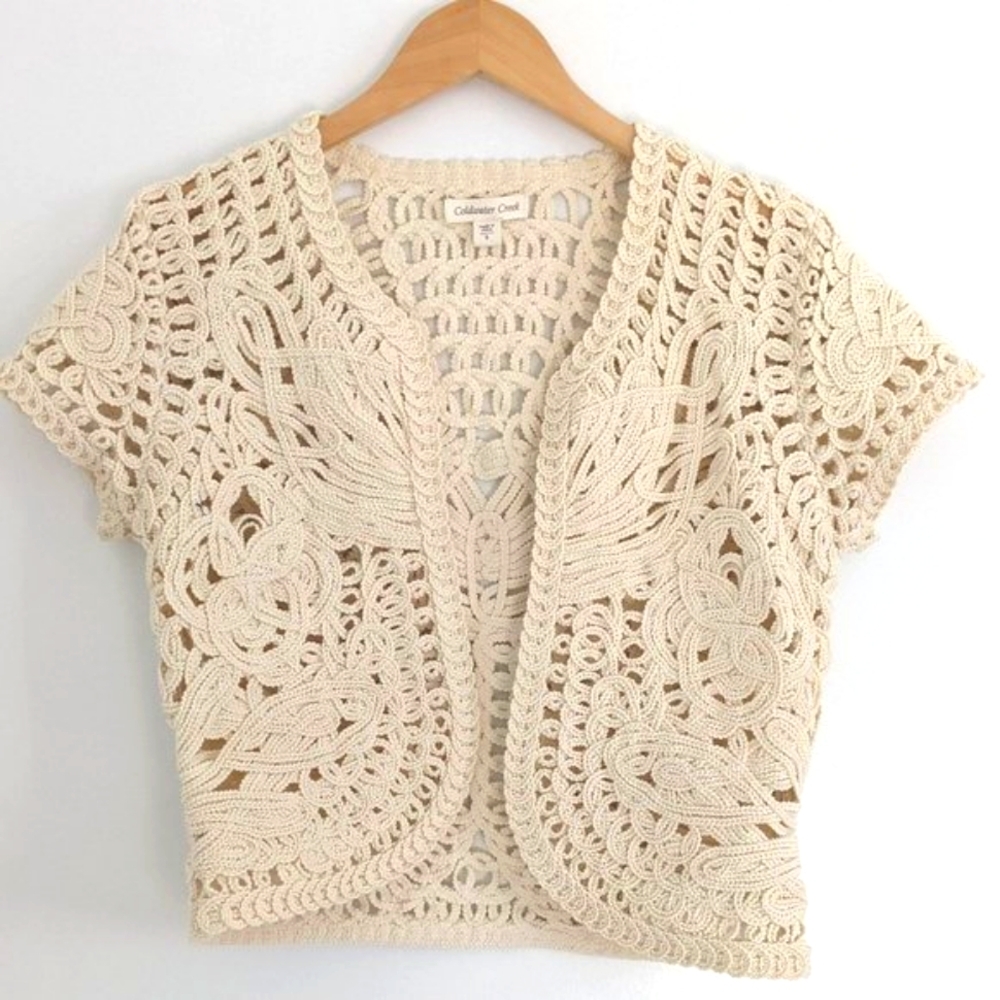 Coldwater Creek Ivory Crochet Short Sleeve Boho Bolero Cardigan, Sz 6